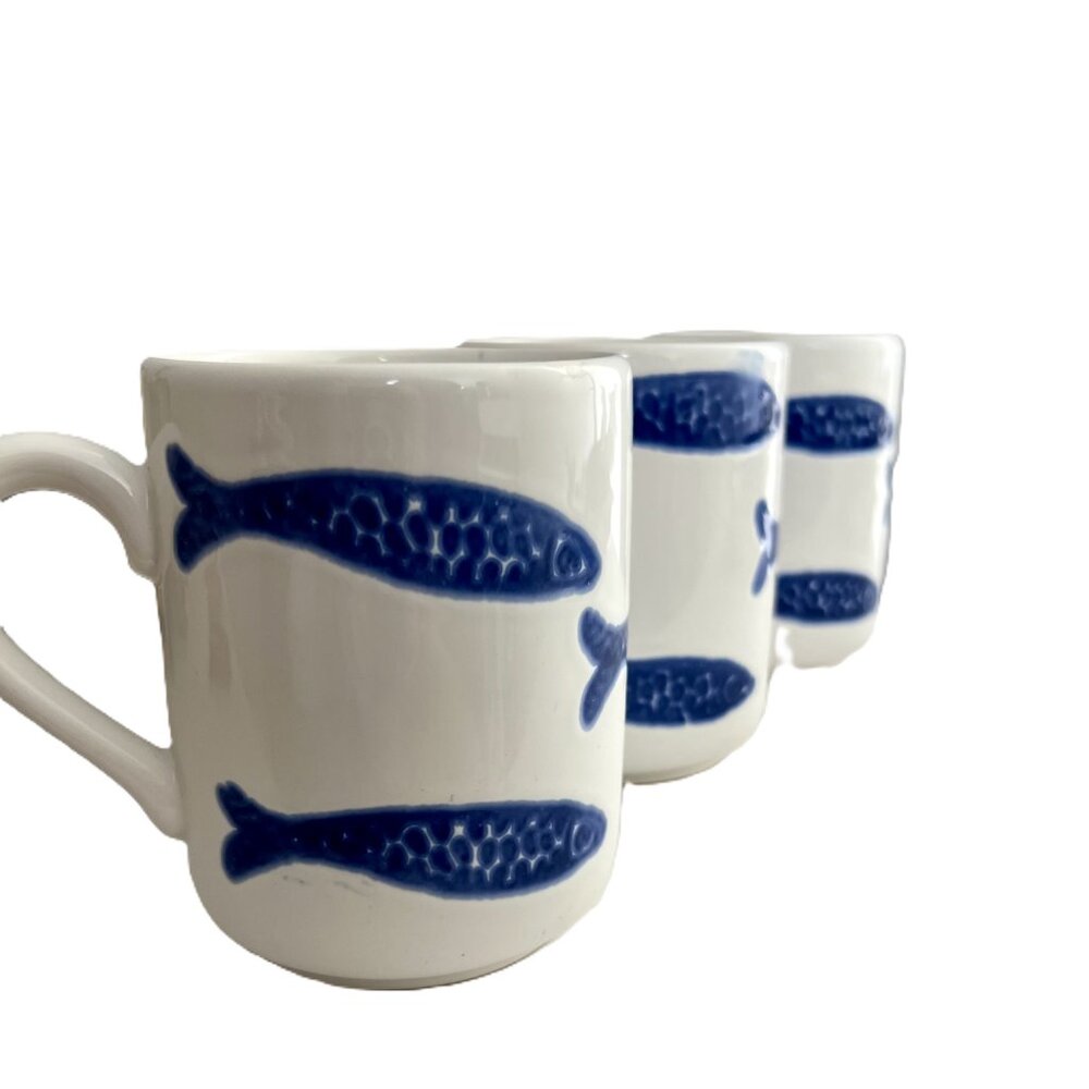 3 White Blue Fish Mugs Handmade in Portugal